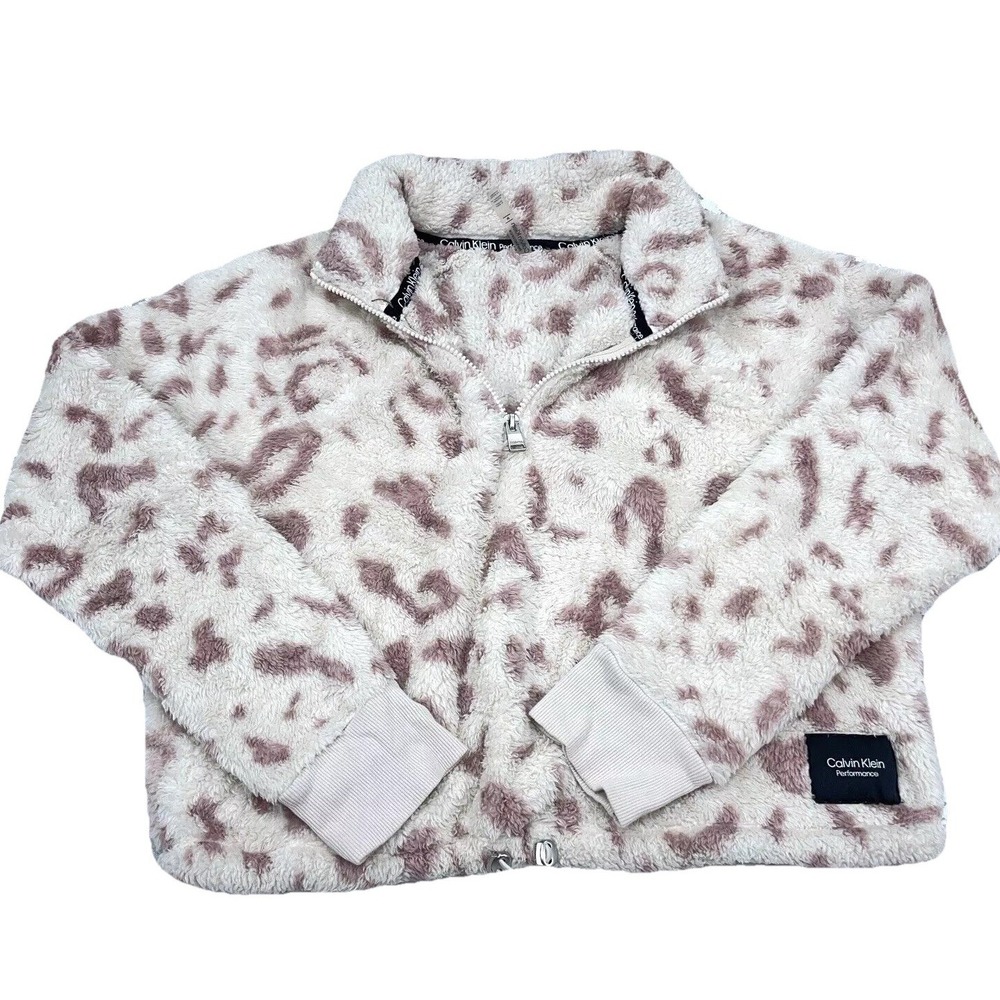 Calvin Klein Sweatshirt Women Medium Sweater Deep Pile Sherpa Crop Top Leopard